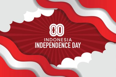 Kızıl Gradyan, Dalgalı Bayraklar ve Bulutlarla Endonezya Bağımsızlık Günü Bayrağı. Vektör illüstrasyonu.