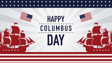 Kolomb Günü 'nüz kutlu olsun. Tarihi gemiler ve Amerikan bayrakları çizimleri. Vektör illüstrasyonu.