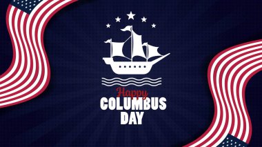Kolomb Günü tebrik kartı içinde gemi ve koyu mavi arkaplanda izole edilmiş Amerikan bayrakları sallanıyordu..