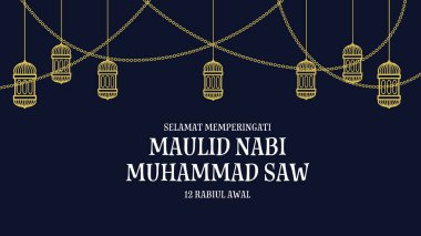 Maulid Nabi Muhammed, koyu mavi arka planda izole edilmiş altın fenerler ve zincirlerle selamlıyor.