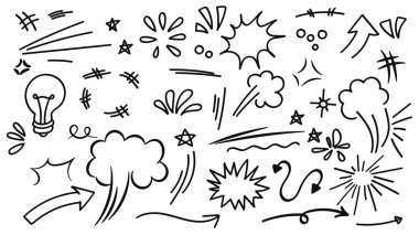 El çizimi karalama vektörü seti. Sevimli el çizimleri koleksiyonu. Vektör illüstrasyonu