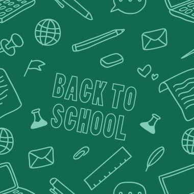 Yeşil arka planda karalama tebeşir stili okul malzemelerinin kusursuz deseni. Vektör illüstrasyonu.