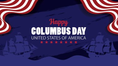 Soyut doku fırçası, ABD bayrağı ve tarihi gemiyle Columbus Günü Tebrik Arkaplanı. Vektör illüstrasyonu