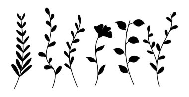 Minimalist Siluet Botanik Çiçekleri Yaprakları ve Bitki Elementleri. Vektör illüstrasyonu