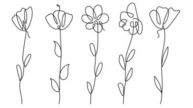 El çizimi, soyut botanik elementlerle çiçek koleksiyonu. Vektör illüstrasyonu.