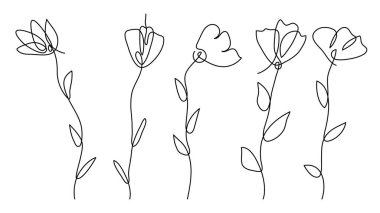 Tek satır sanat vektörü çiçek illüstrasyonu koleksiyonu. Devamlı bir çizgi sanat çiçeği seti.