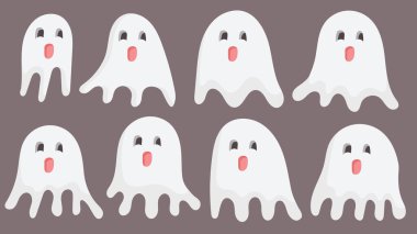 Cadılar Bayramı Hayaletli Karakter Tasarımı için Hayalet Tablosu Koleksiyonu. Vektör illüstrasyonu