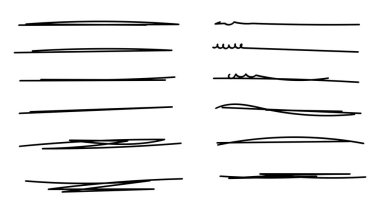 İşaretleyici karalama elemanları koleksiyonu. El çizimi vuruşları, vektör illüstrasyonunun altını çizer