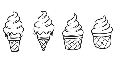 Dondurma Dondurması Kawaii Çizgi Sanat Koleksiyonu Renklendirme Sayfası ve Tatlı Atıştırma Tasarımı. Vektör illüstrasyonu