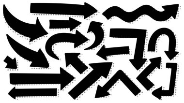 Kara Ok, Katı Kaya ve Eğri Şekiller 'de Noktalı Gölgeler Koleksiyonunu Ayarladı. Vektör illüstrasyonu