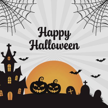 Lanetli Ev Mezartaşlarıyla Cadılar Bayramı 'nız kutlu olsun. Jack O Lantern Örümcek Ağı Yarasaları ve Yıldız patlaması Arkaplan Resimleri. Vektör İllüstrasyonu