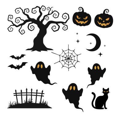Siluet Cadılar Bayramı Elementleri Seti Ürkütücü Ağaç, Jack O Lantern, Hayalet, Kara Kedi ve Örümcek Ağı. Vektör İllüstrasyonu