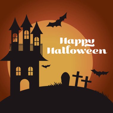 Siluetli Ev Yarasaları ve Mezar Taşları 'yla Cadılar Bayramı tebrik kartı illüstrasyonunuz kutlu olsun. Vektör İllüstrasyonu