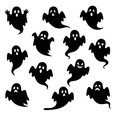 Siluet Hayalet Koleksiyonu Cadılar Bayramı Komik ve Ürkütücü Yüzleri Ayarladı. Vektör İllüstrasyonu
