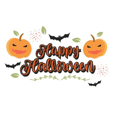 Balkabağı Yarasaları ve Yaprak Süslemeleri ile Cadılar Bayramı Kaligrafi 'niz kutlu olsun. Vektör İllüstrasyonu