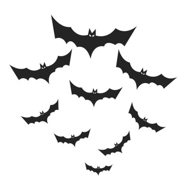 Yarasa Silueti Kalabalığı Uçan Grup Cadılar Bayramı Elemanı. Vektör İllüstrasyonu