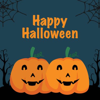 Jack O 'Lantern ve Siluet Örümcek Ağı ile Koyu Mavi Arkaplan Vektör Resimlerinde Mutlu Cadılar Bayramı Kartı.