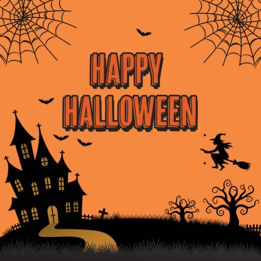 Mutlu Cadılar Bayramı Tanıtım Silüeti. Perili Ev, Örümcek Ağı ve Turuncu Arkaplan Vektör Resimlerinde Cadı