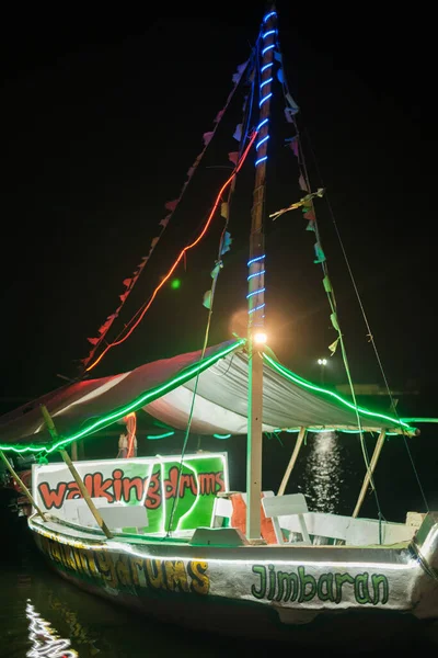 Colorful Lit Up Boat on Shore