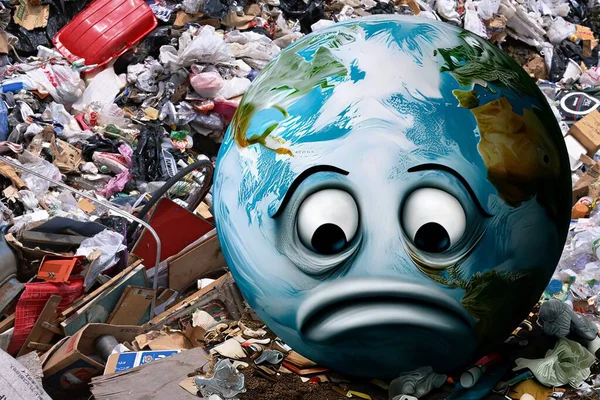 The image shows the Earth with a sad expression surrounded by garbage, a metaphor for earth\'s pollution