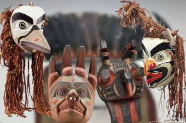 Native North America Art - three specimens of ritual masks  clipart