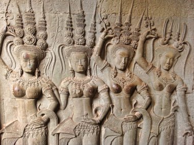 Khmer medeniyetinin bir başyapıtı olan Kamboçya 'nın ulusal sembolü Angkor Wat' ın muhteşem tapınağının mimari detayları.