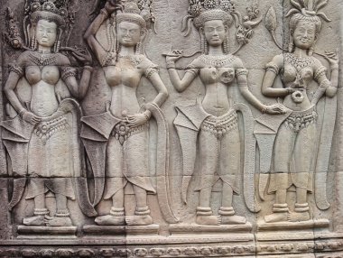 Khmer medeniyetinin bir başyapıtı olan Kamboçya 'nın ulusal sembolü Angkor Wat' ın muhteşem tapınağının mimari detayları.