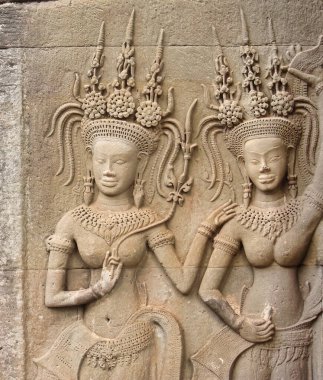 Khmer medeniyetinin bir başyapıtı olan Kamboçya 'nın ulusal sembolü Angkor Wat' ın muhteşem tapınağının mimari detayları.