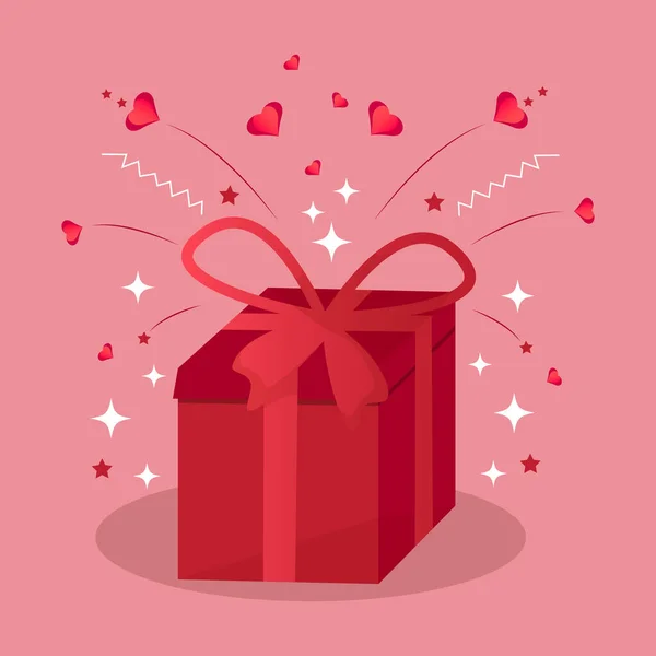 Sürpriz pembe hediye kutusunun vektör illüstrasyonu. Kırmızı kağıt kalpli gül kırmızısı hediye kutusu. Doğum günü kutlaması için en iyi yöntem.