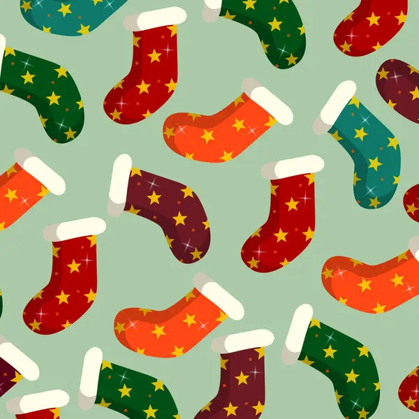  Açık yeşil arka planda kış ve bayram sembolleri olan Noel desenleri. Kusursuz vektör arkaplanı. Noel Çorapları Renkli desen.