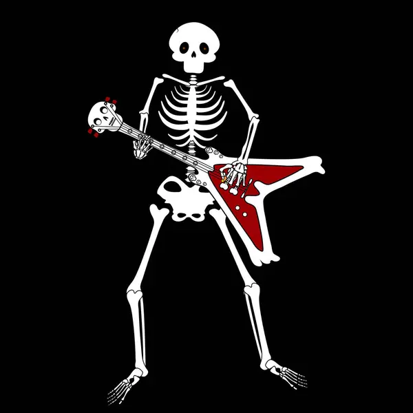 Siyah arka planda kırmızı elektro gitarlı beyaz iskelet. Rock posteri.