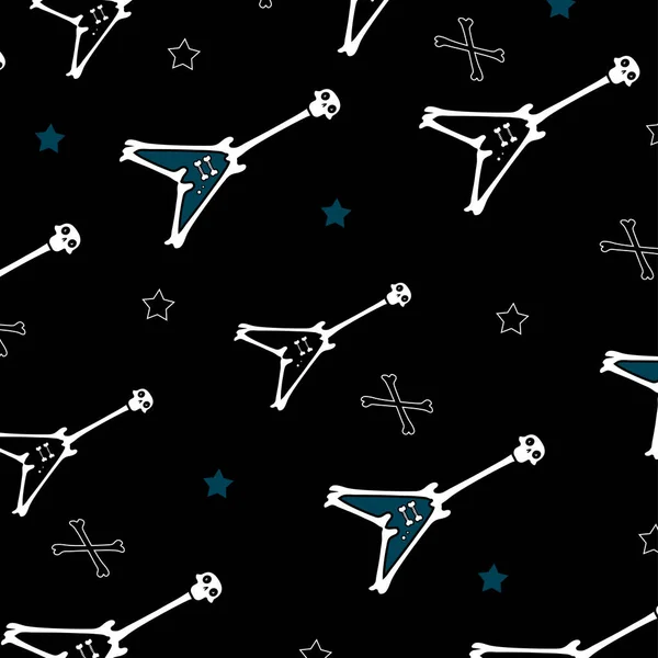 Mavi ve beyaz yıldızlı Siyah ve Kusursuz Gitar. Kafatası ve çapraz kemikli siyah-mavi elektro gitar. Rock Elements. Kumaş arka plan. 