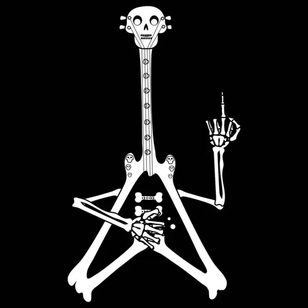 Elleri ve heykeli olan siyah iskelet gitar. Siyah arka planda rock gitarı. Çizgi film stili..