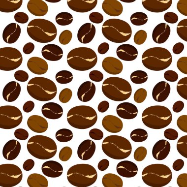 Beyaz arka planda kavrulmuş kahve çekirdeklerinin kusursuz deseni. Bir restoran veya kafe için sonsuz vektör illüstrasyonu.