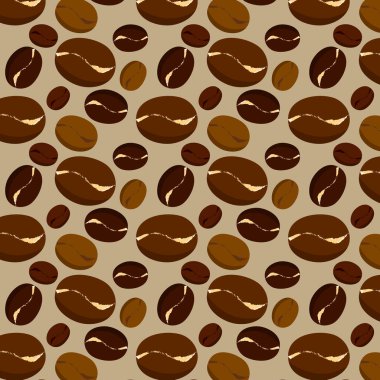 Kremalı arka planda fırında pişmiş kahve çekirdeklerinin kusursuz deseni. Bir restoran veya kafe için sonsuz vektör illüstrasyonu.