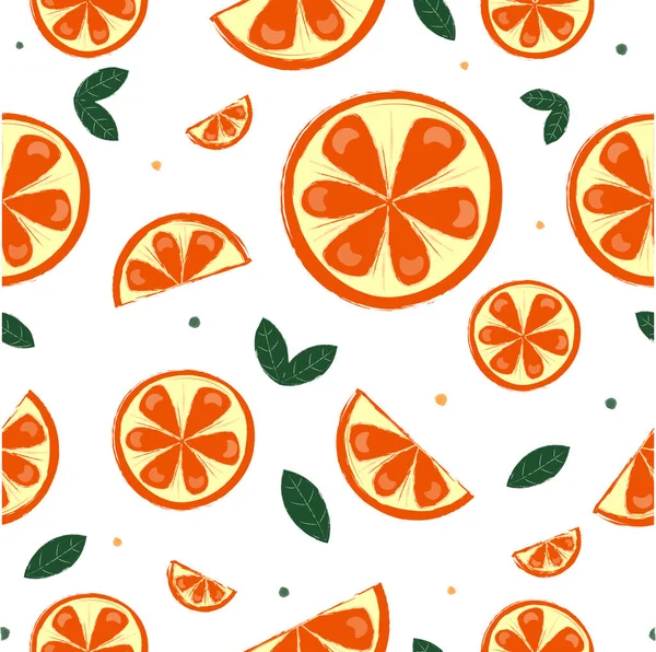 Portakallı ve yeşil yapraklı kusursuz vektör deseni. Beyaz arka plan.