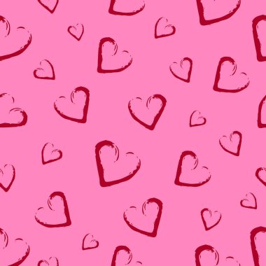 Kırmızı kalpli kusursuz bir model. Kalp fırçası. Paket kağıdı için süs. Pembe arka plan..