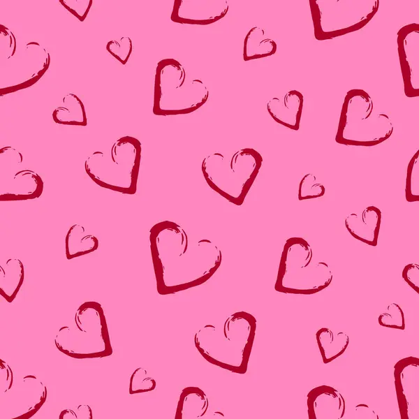 Kırmızı kalpli kusursuz bir model. Kalp fırçası. Paket kağıdı için süs. Pembe arka plan..