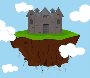 Mavi arka planda şatosu ve bulutları olan bir karikatür adası. Fantezi oyun arayüzü. hisse vektör illüstrasyonu. Oyun varlıkları.