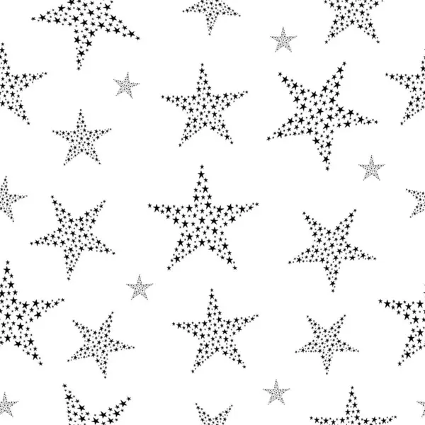 Yıldızlı kusursuz desen. Beyaz arkaplanda siyah yıldızlar. Kağıt kaplama, baskı..