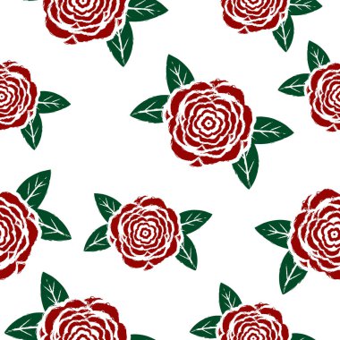 Beyaz arka planda dikişsiz kırmızı güller. Boyanmış çiçekler. Paket kağıdı, baskı, düğün. Basit, pürüzsüz doku..