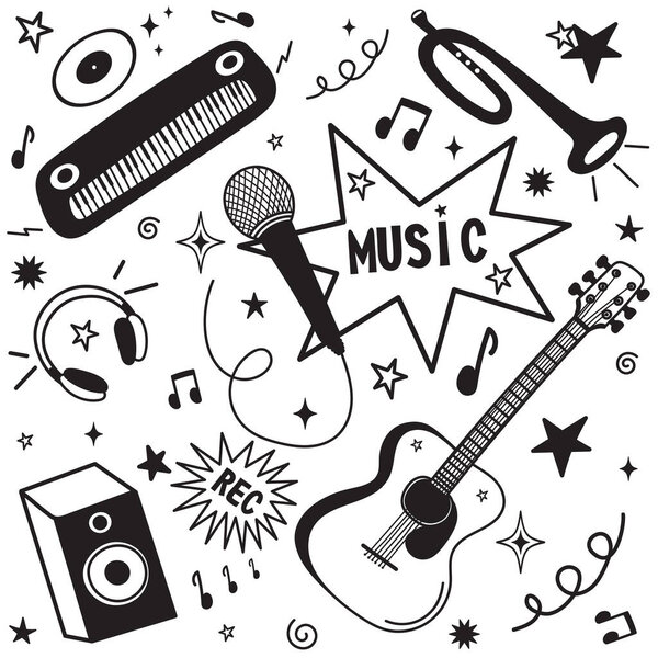 Hand drawn music theme isolated on white background.Doodle set of Musical Instruments theme. Vector illustration.