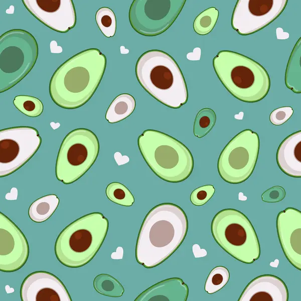 Yeşil arkaplanda kalp şekilleri olan şirin Avokado Kusursuz Desensiz Arkaplan. Vektör çizimi. El çizimi tekrar yazdırma, eşarp, ambalaj tasarımı.