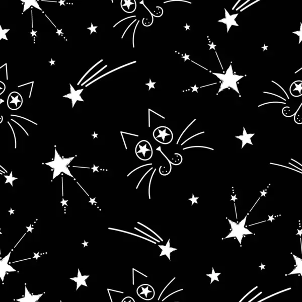 Kedi yüzlü ve yıldızlı kusursuz siyah desen. Soyut gece deseni..