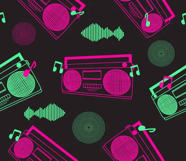 Plak çalar, notalar ve geometrik şekillerle soyut ve pürüzsüz desen. Müzik konsepti. Pembe ve yeşil. Neon renkleri..