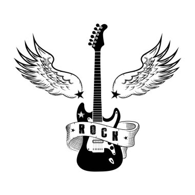 Kurdeleyle yazılmış kaya, arkasında kanatları ve yıldızları olan elektro gitar resmi, beyaz üzerine izole edilmiş çizgi vektör illüstrasyonuyla süslenmiş resim..