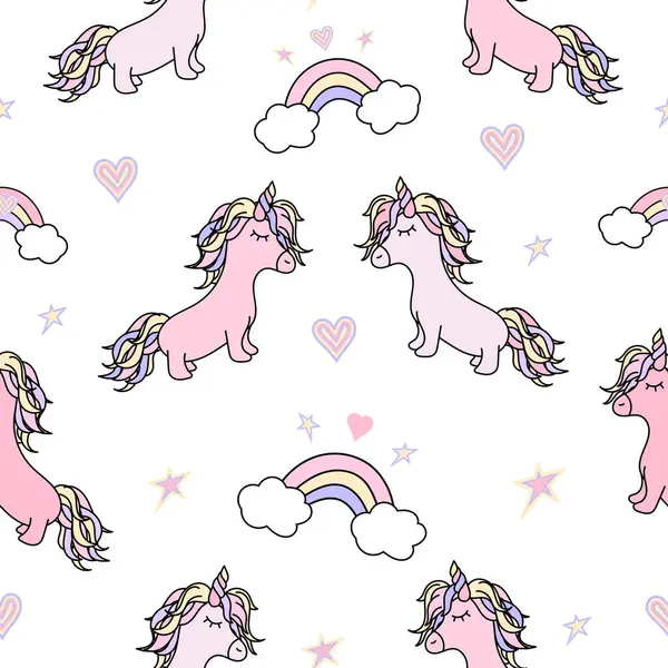 Tek boynuzlu at, gökkuşağı ve kalpsiz el, beyaz arka planda izole edilmiş. Sevimli el, yıldızlı tek boynuzlu at deseni çizmiş. Çocuklar için mükemmel bir kıyafet, kumaş, tekstil, ambalaj kağıdı..