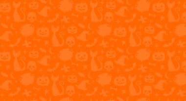 Cadılar Bayramı 'nda bal kabağı, kediler, yarasalar, cadı birası, şekerler. Tekstil kumaş tasarımı, ambalaj kağıdı, web sitesi duvar kağıtları, tekstil, duvar kâğıdı ve giyim için iyidir. Vektör illüstrasyonu.