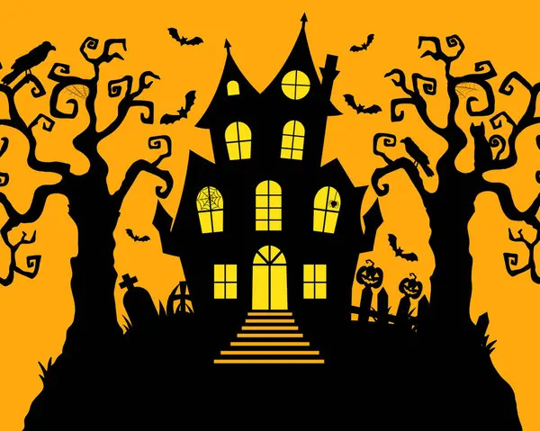 Cadılar Bayramı illüstrasyonu. Cadılar Bayramı gecesi için ağaçlar ve mezarlıklarla dolu dolunay altında perili bir ev. Parti davetiyeleri, sosyal medya ve festival organizasyonları için mükemmel..