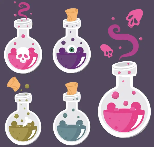 Cadıların mayası izole edilmiş. Cadılar Bayramı partisi için sihirli iksir seti. Renk sıvısı, kafatasları, kemikleri, gözleri olan farklı ürkünç cam şişeler. Ölüler bayramı. Vektör karikatür çizimi. Cadı elementleri.